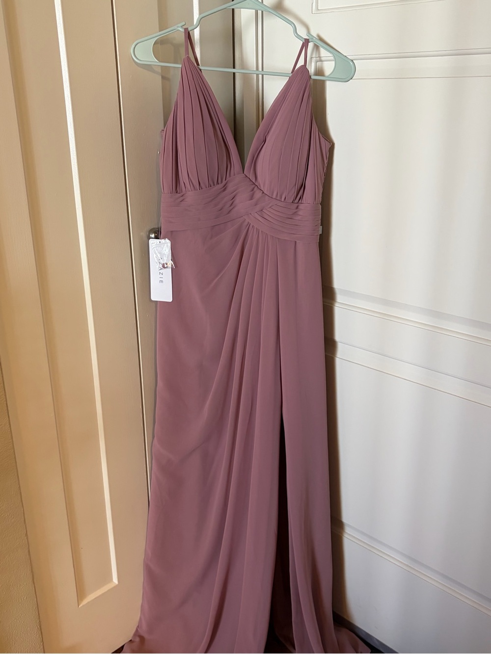 Azazie V-Neck Pleated Chiffon Evening Dress with lace backing, vintage mauve NWT